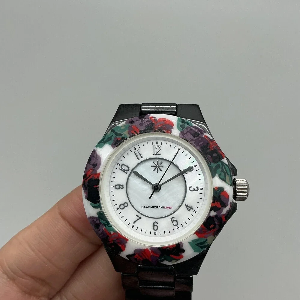 Isaac Mizrahi Live Womens Watch 35mm Floral Bezel MOP Black New Battery 6.5